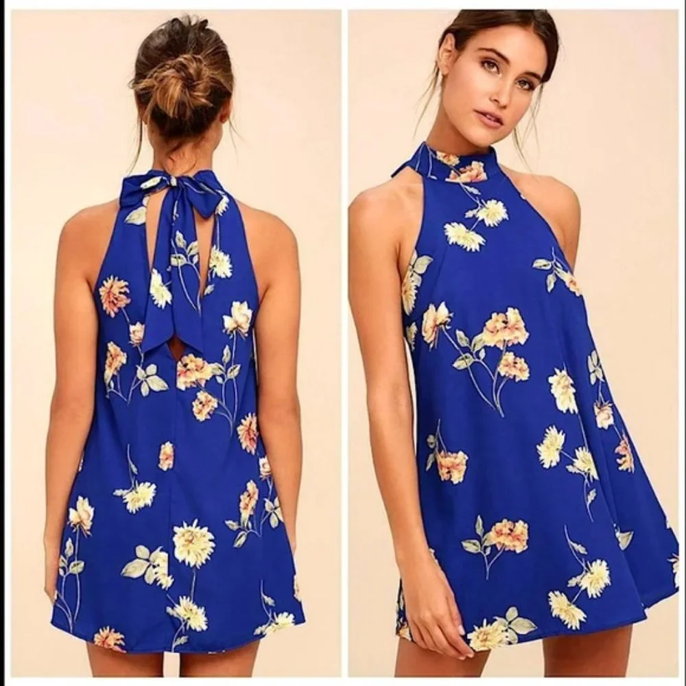Lulu's Darling Dearest Cobalt Blue Mock Neck Swing Dress - Picture 1 of 3